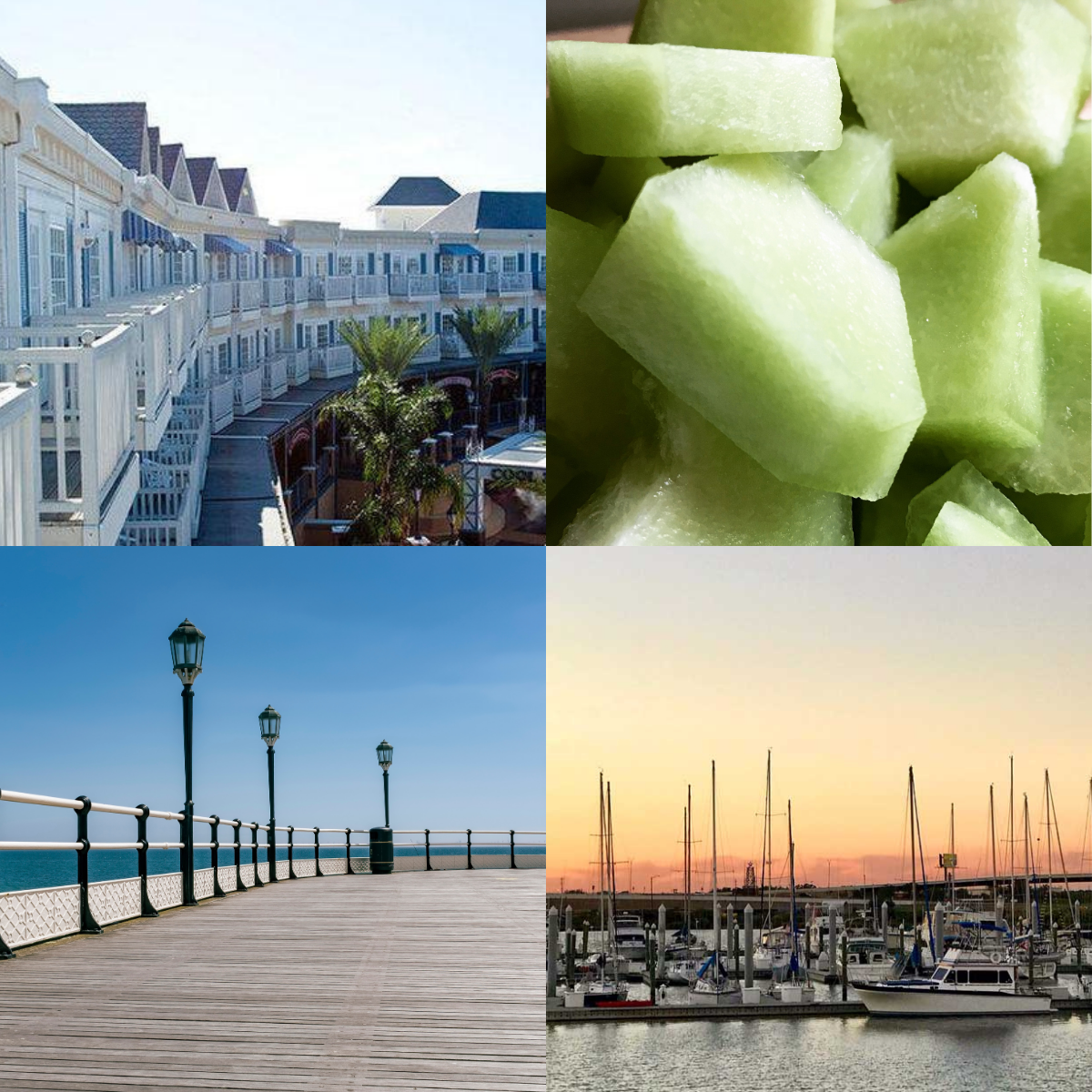 Collage of four images: a coastal scene, chopped green melon, a dock with streetlights, and a marina at sunset.