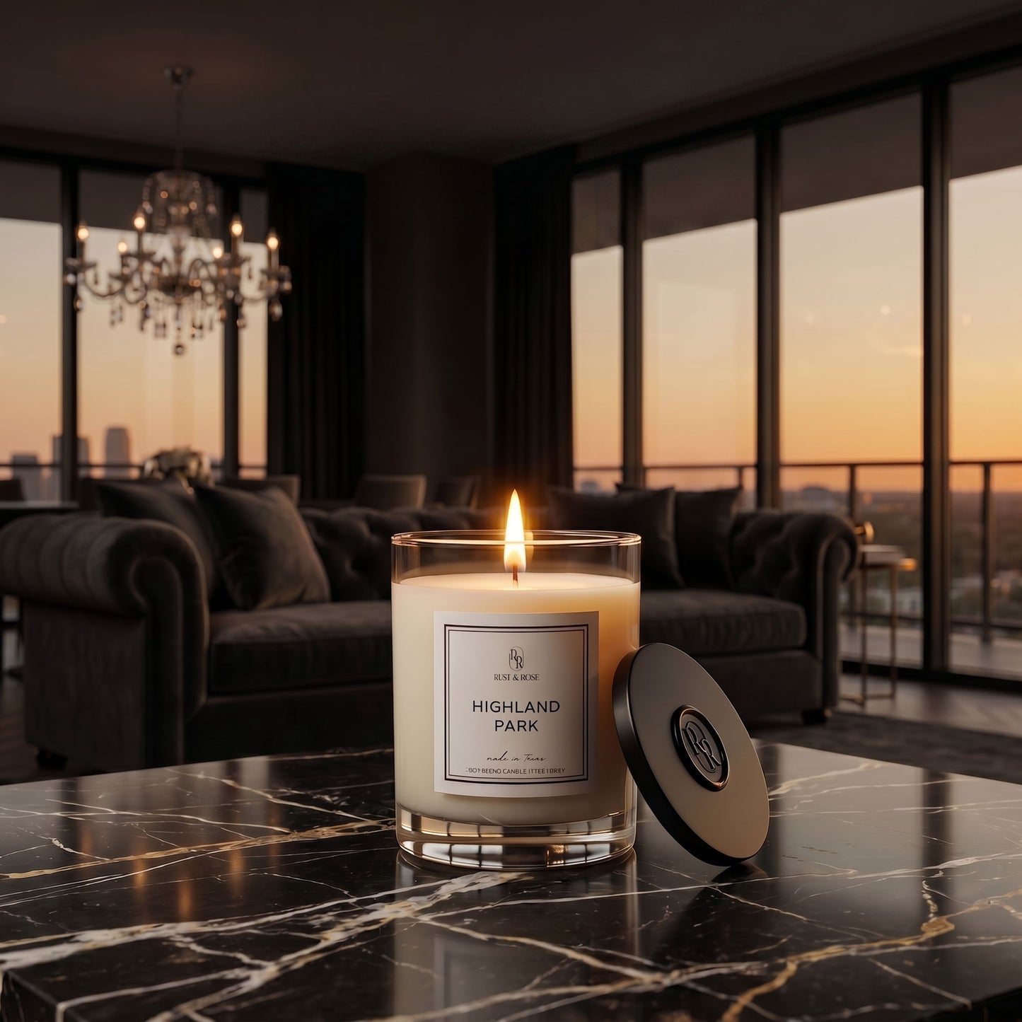 Candle labeled 'Highland Park' on a marble surface with a cityscape view through large windows.
