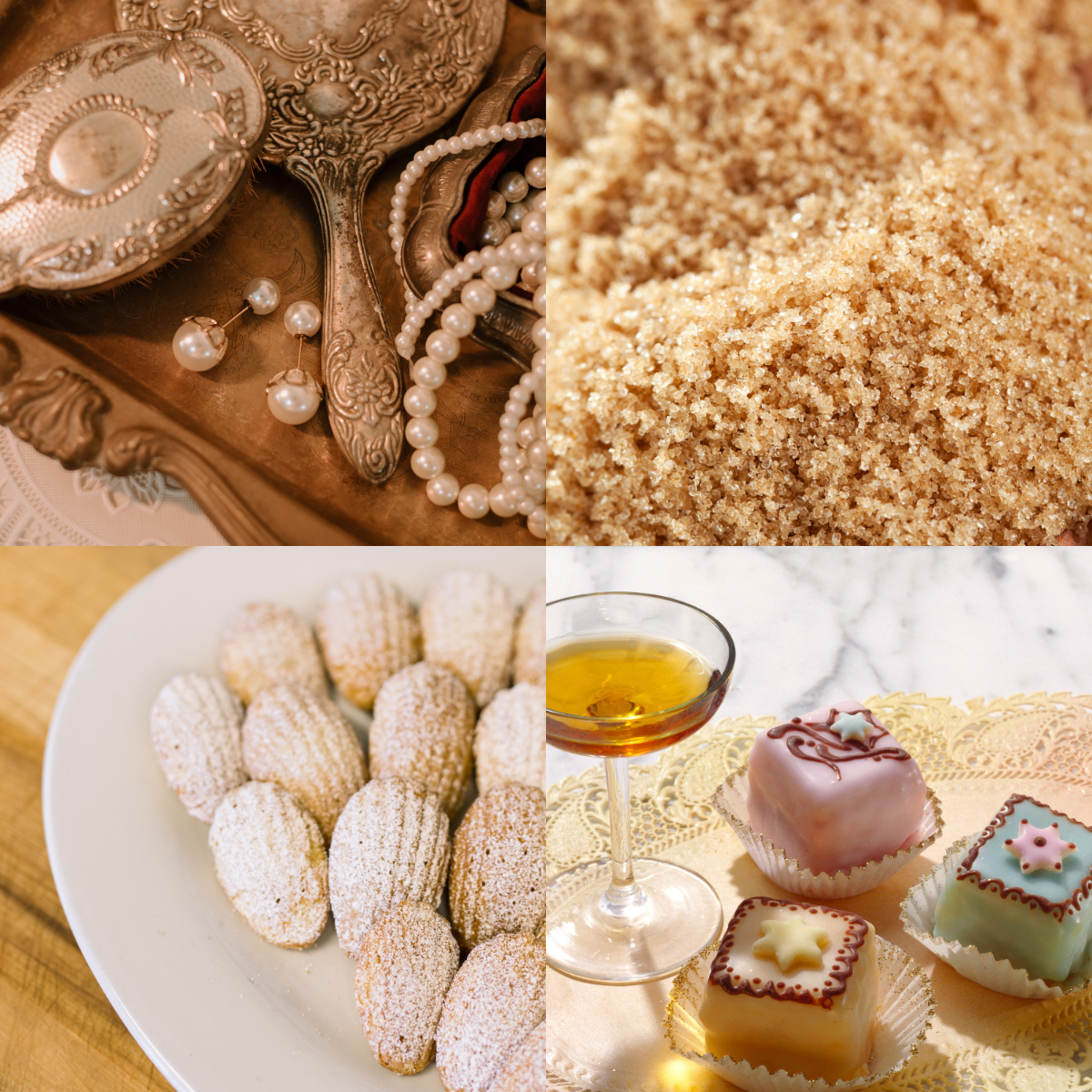 Collage of vintage jewelry, brown sugar, pastries, and a glass of honey.
