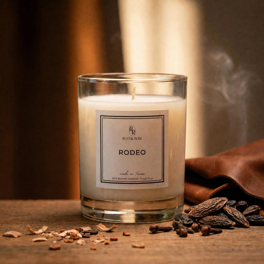 Candle labeled 'Rodeo' with a label on a wooden surface, surrounded by spices.